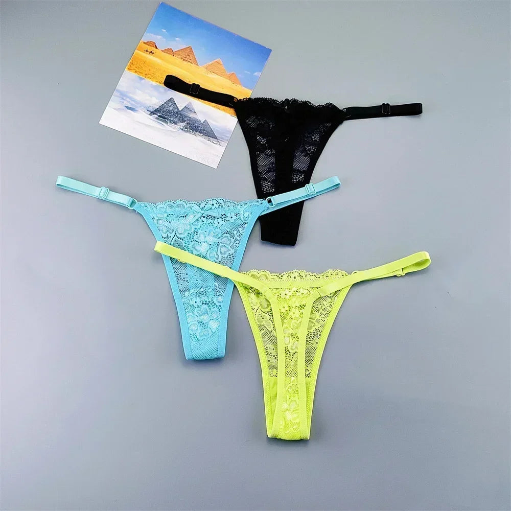 3PCS Einstellbare Sexy Transparent Tanga Höschen Frauen Spitze Unterwäsche Niedrige Taille Weibliche T-zurück String Unterhose